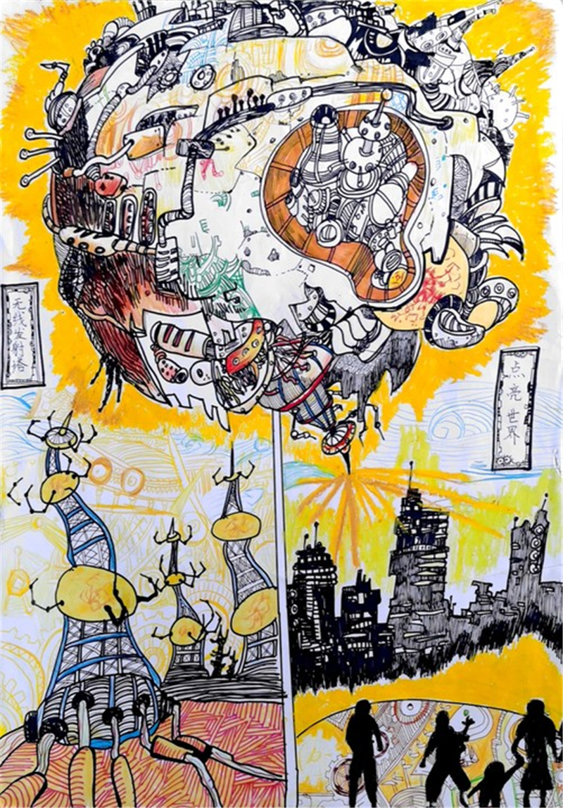 初中部科幻画文化墙成校园靓景